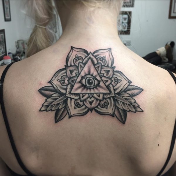 Mandala With Eye Tattoo On Neck Back