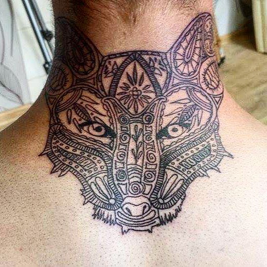 Mandala Wolf Face Tattoo On Neck