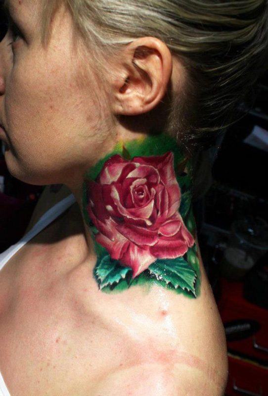 Marvelous Rose Tattoo On Neck