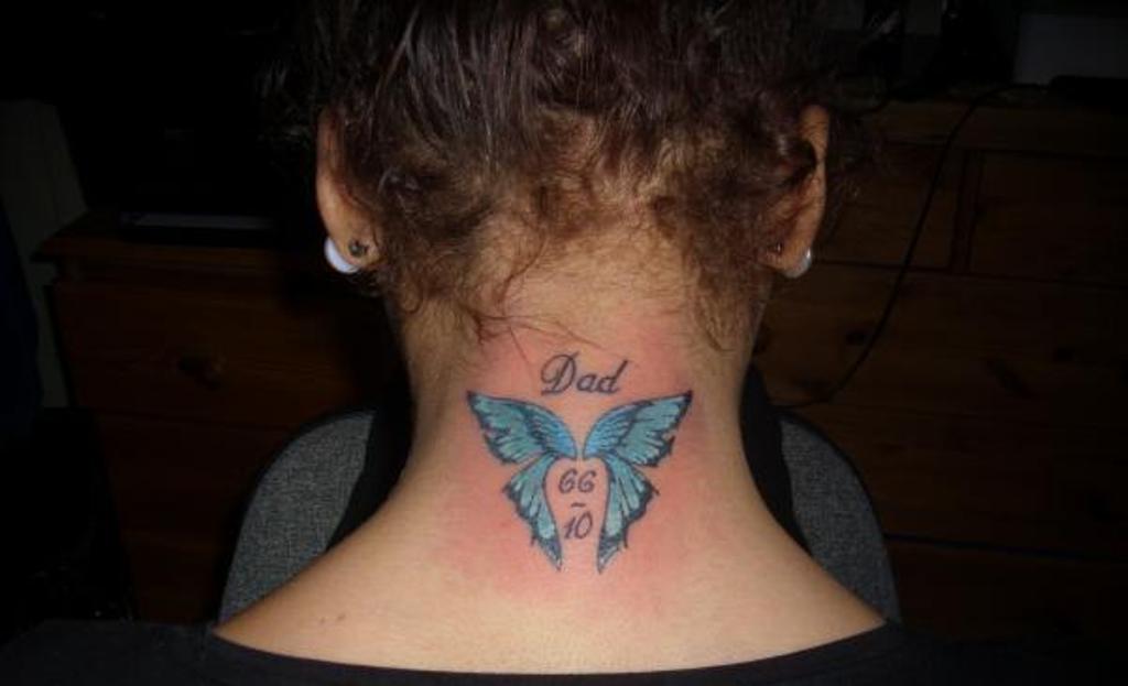 Memorial blue butterfly neck tattoo