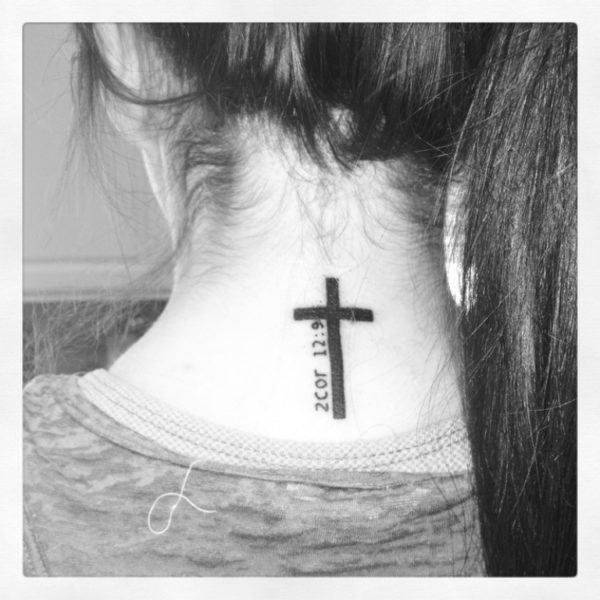 Memorial Cross Tattoo On Neck