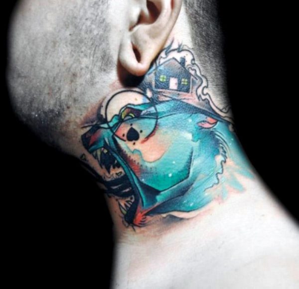 Men Wolf Tattoo On Neck