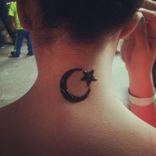 Moon And Star Tattoo On Neck