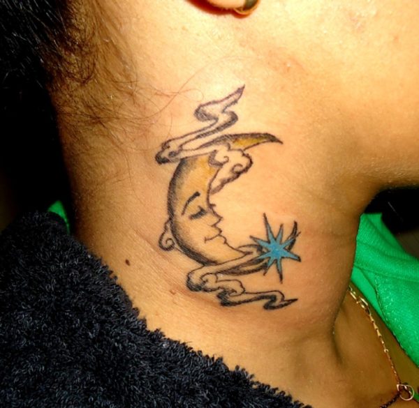 Moon In Cloud Tattoo On Neck