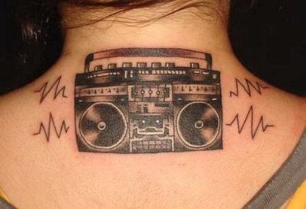 Musical Radio Tattoo On Neck Back