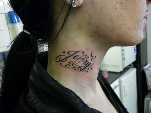 Name Lettering Tattoo On Right Side Neck