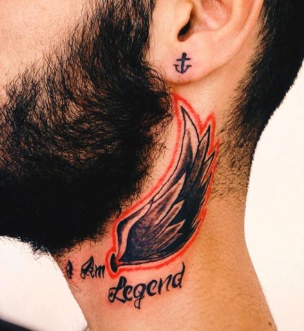 Neck Wing Tattoo With Orange Border