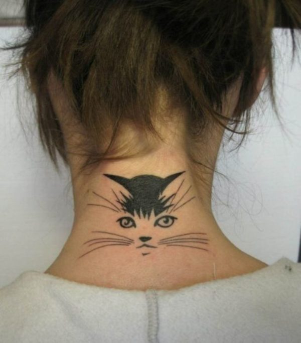 Nice Cat Face Tattoo On Neck