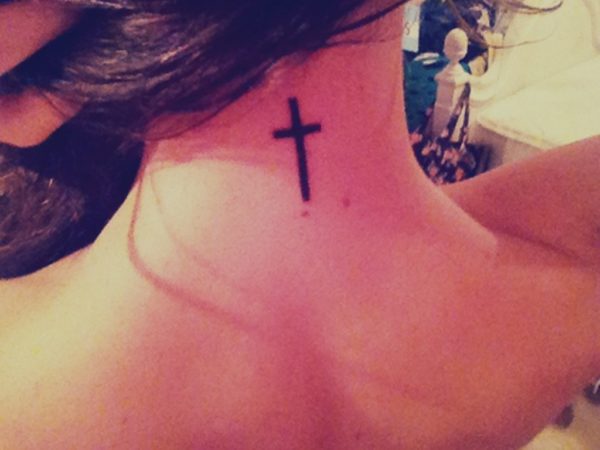 Nice Cross Tattoo On Neck
