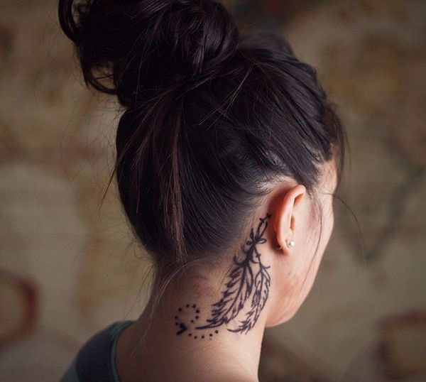 Nice Feather Neck Tattoo Behind Ear