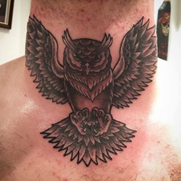 Nice Flying Owl Tattoo On Neck