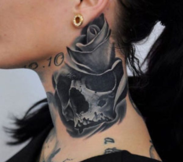Nice Grey Skull Tattoo On Neck