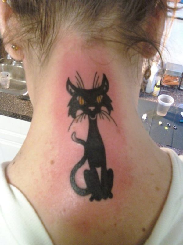 Nice Large Cat Tattoo On Neck