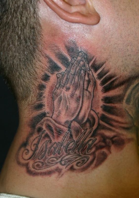 Nice Praying Hands Tattoo On Neck