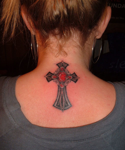 Nice Red Cross Tattoo On Neck