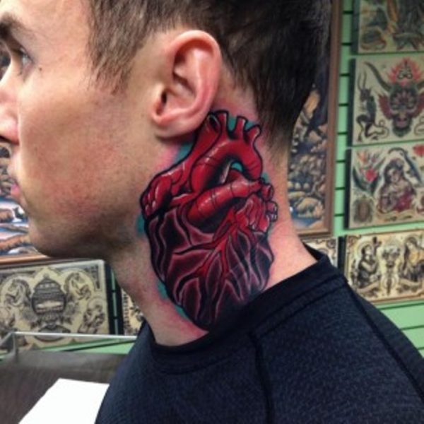 Nice Red Heart Tattoo On Neck