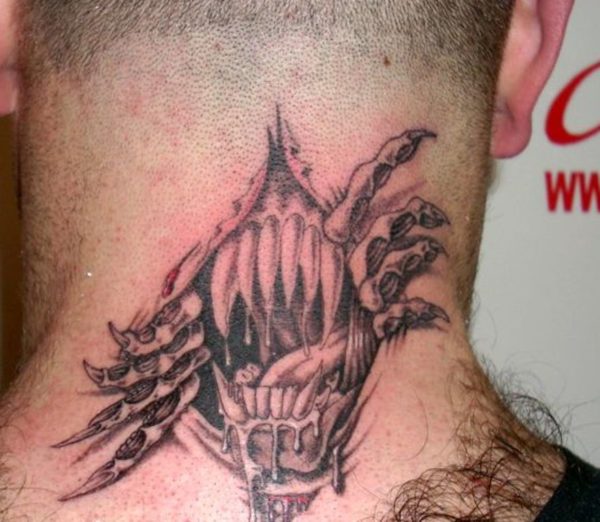 Nice Ripped Skin Tattoo Design On Neck