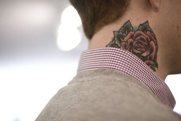 Nice Rose Tattoo On Right Neck