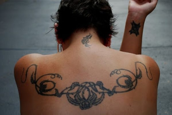 Nice Small Tribal Tattoo On Neck Back