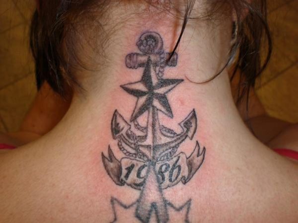 Nice Star Tattoo On Neck Back