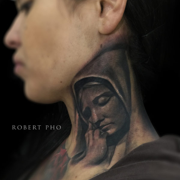 Nice Virgin Marry Tattoo On Neck