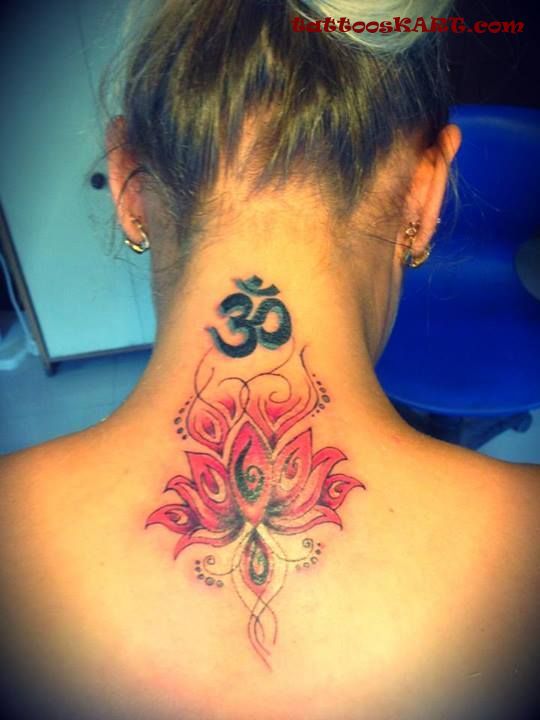 Om And Lotus Tattoo On Neck