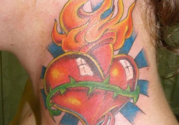 Orange Heart Tattoo On Neck