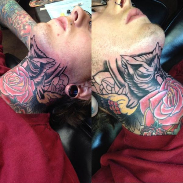 Owl And Rose Tattoo On Neck