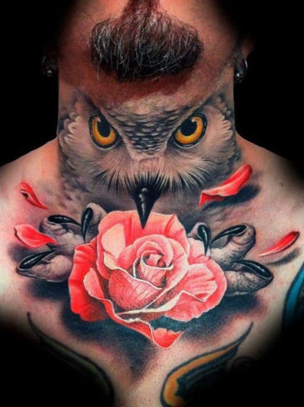 Owl And Rose Neck Tattoo