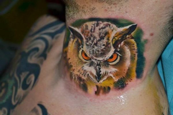 Owl Design Neck Tattoo