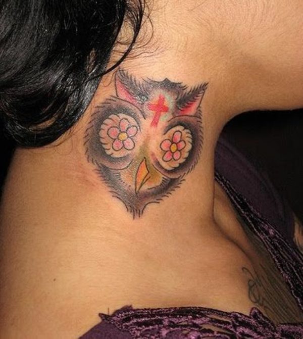 Owl Face Tattoo On Neck