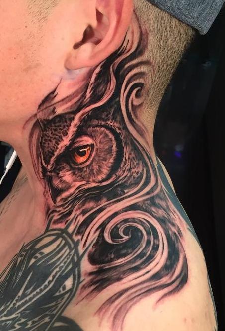 Owl Tattoo On Neck