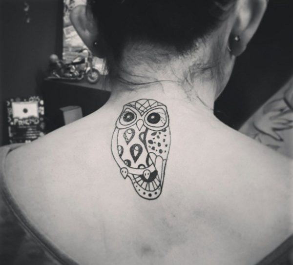 Owl Wings Tattoo On Neck Back 