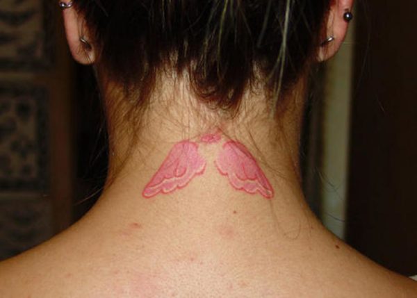 Pink Angel Feather Tattoo On Neck