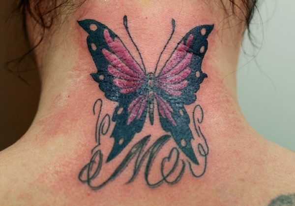 Pink Butterfly Tattoo On Neck 