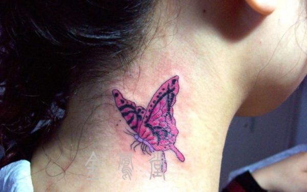 Pink Butterfly Tattoo On Neck