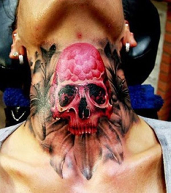 Pink Skull Tattoo On Neck