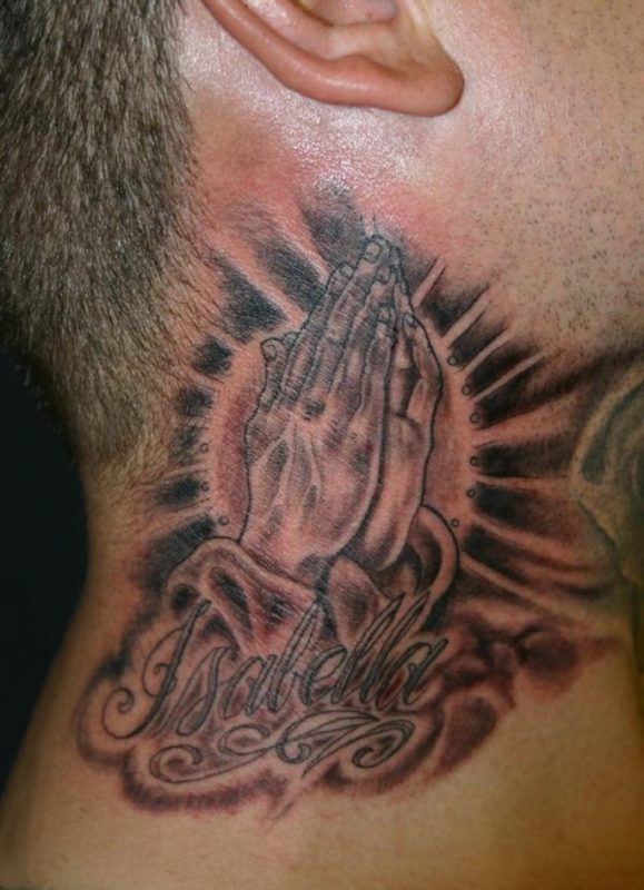 Praying Hands In Clouds Tattoo On Neck