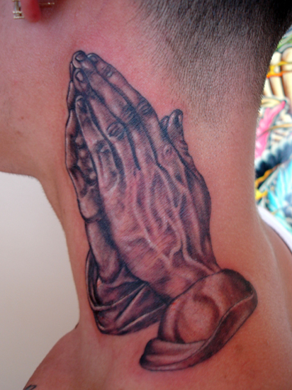 Praying Hands Neck Tattoo