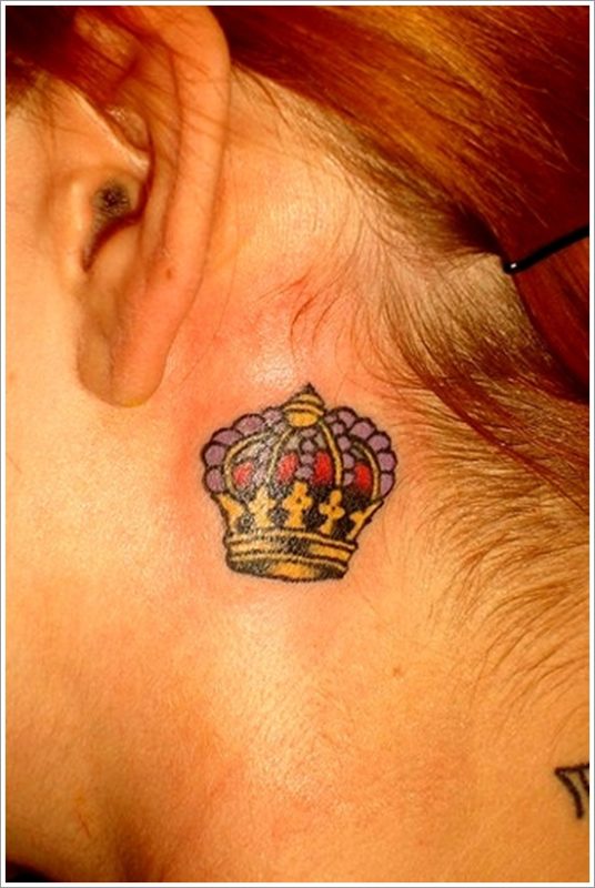 Queen Crown Tattoo On Neck Behind Ear