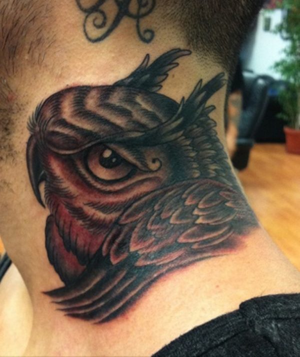 Realistic Black Owl Tattoo On Neck