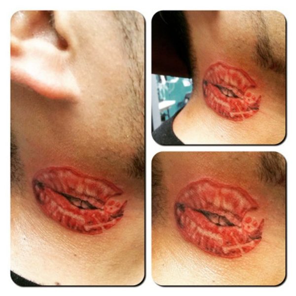 Realistic Lips Kiss Mark Tattoo On Neck
