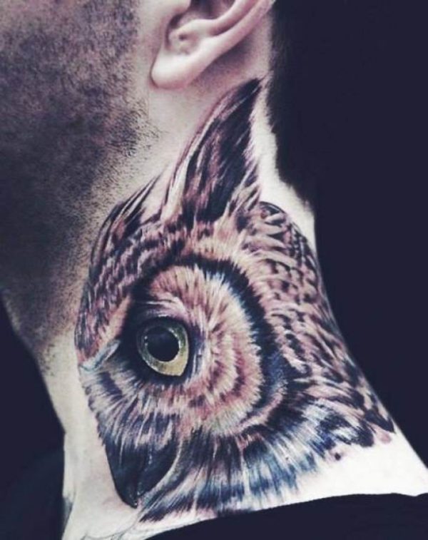 Realistic Owl Neck Tattoo