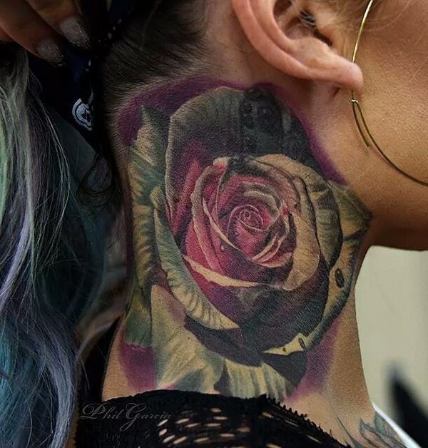 Realistic Rose Neck Tattoo