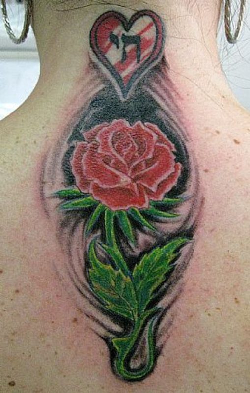 Realistic Rose Tattoo On Neck Back