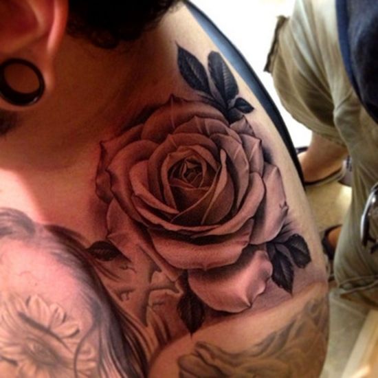 Realistic Rose Tattoo On Neck