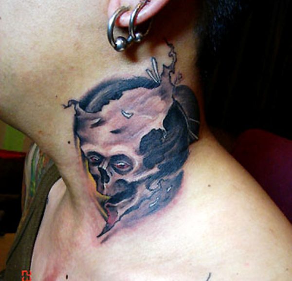 Realistic Skull Neck Tattoo
