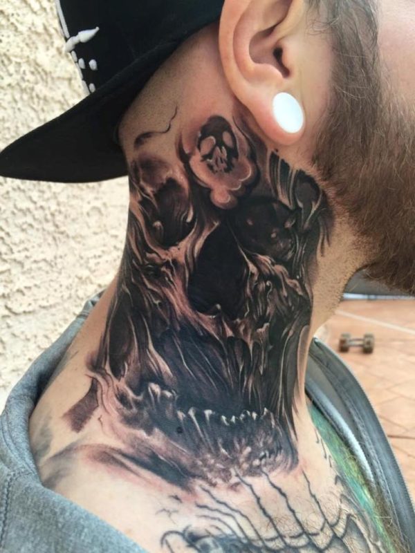 Realistic Skull Tattoo On Neck