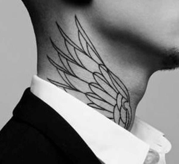 Realistic Wing Tattoo On Neck 