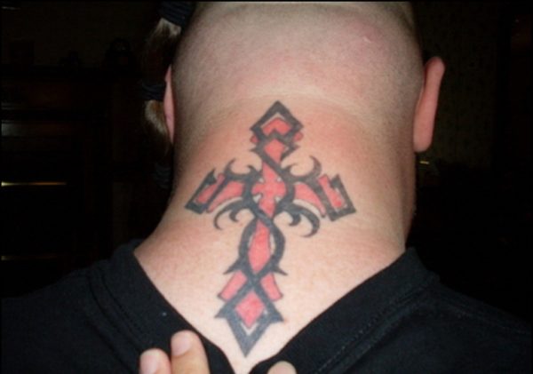 Red And Black Cross Tattoo On Neck